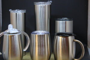 Picture of different size stainless steel cups to choose from including 20oz, 30oz, sippy cup, wine cup, & coffee mug