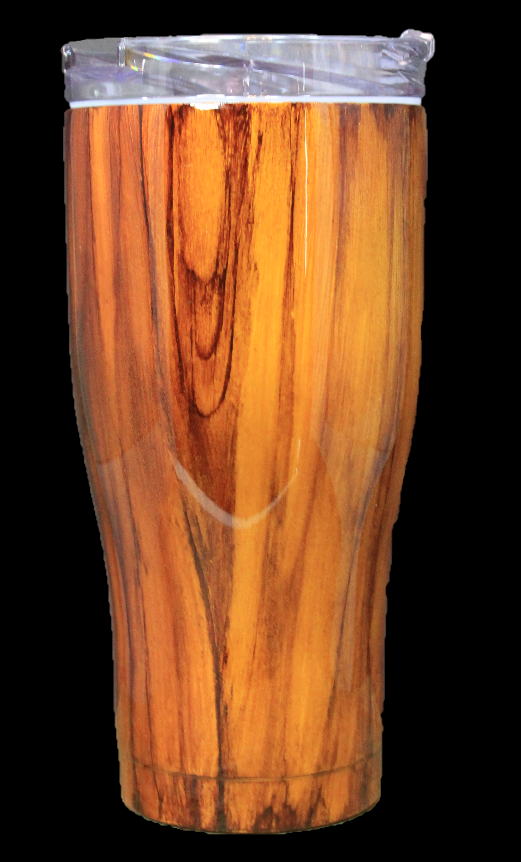 Medium and dark browns combine to make image resemble woodgrain from tree. This side of cup includes ink arranged in such a way to make a knot in the tree 